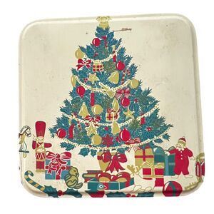 Vtg 60s Christmas Eve Tree Tin Nostalgic Holiday Santa Presents 4.5" Square